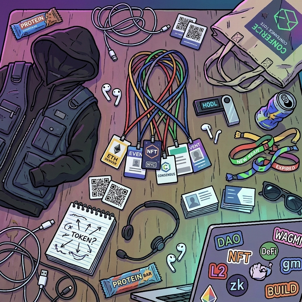 Conference lanyards, laptop stickers, headphones, and other Web3 founder kit